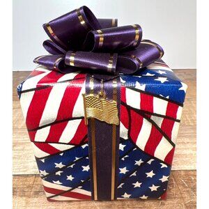 Patriotic Music Box Wrapped With American Flag Design & Purple Ribbon Bow